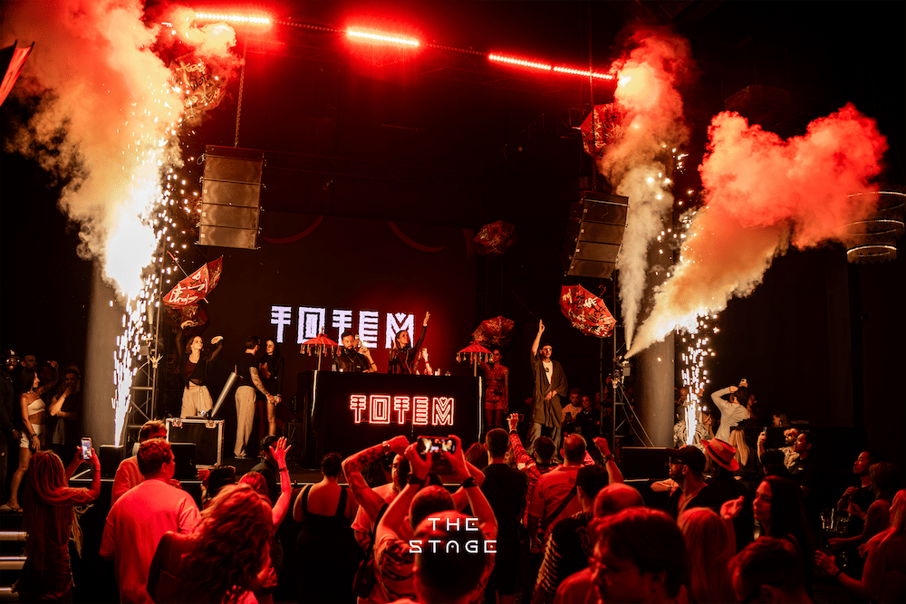 一個熱鬧的派對場景，DJ正表演中，四周充滿煙霧和燈光效果，人們在舞池中盡情跳舞。